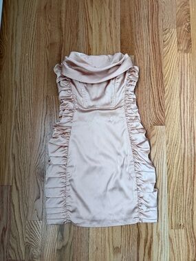 Satin Ruffle Mini Dress in Apricot gold